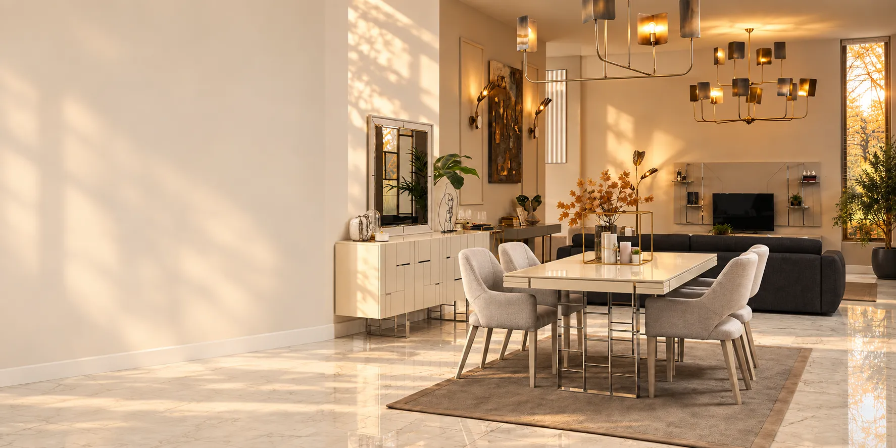 Dining table and upholstered dining chairs in a contemporary interior