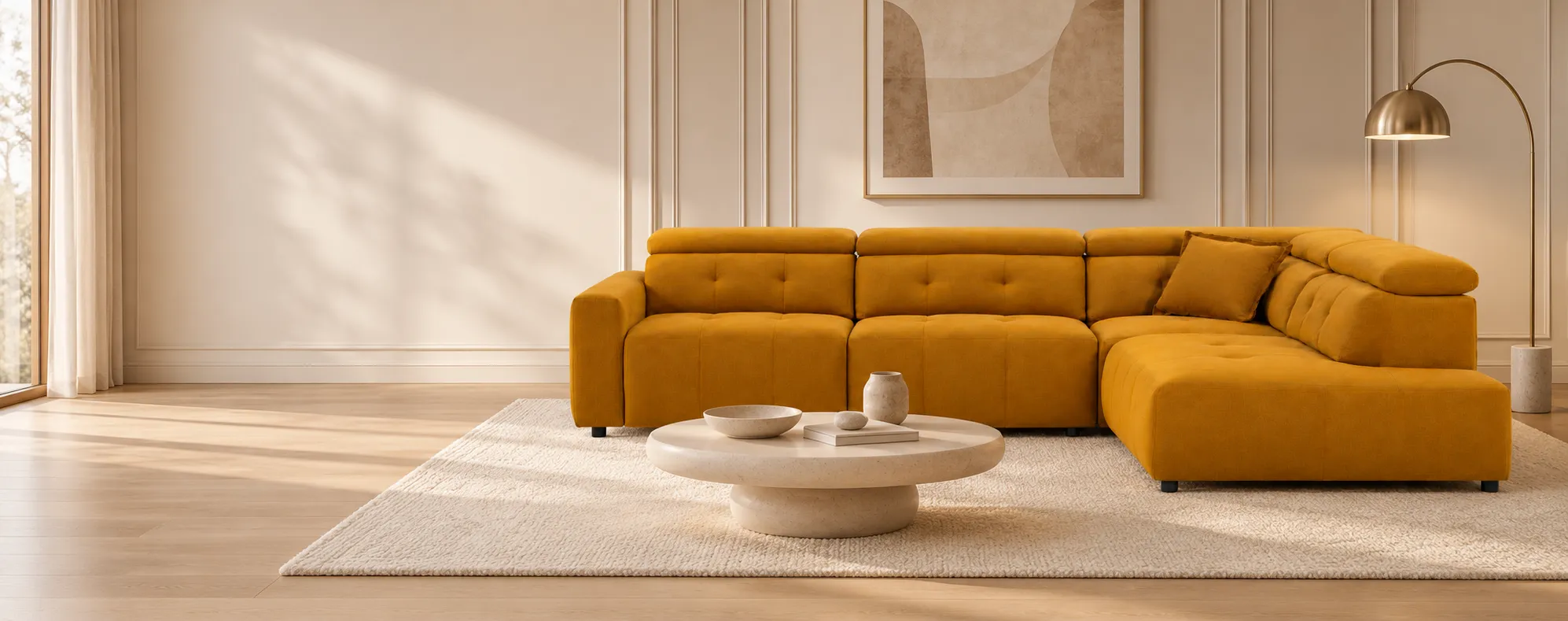 Mustard sectional sofa in a warm contemporary living room