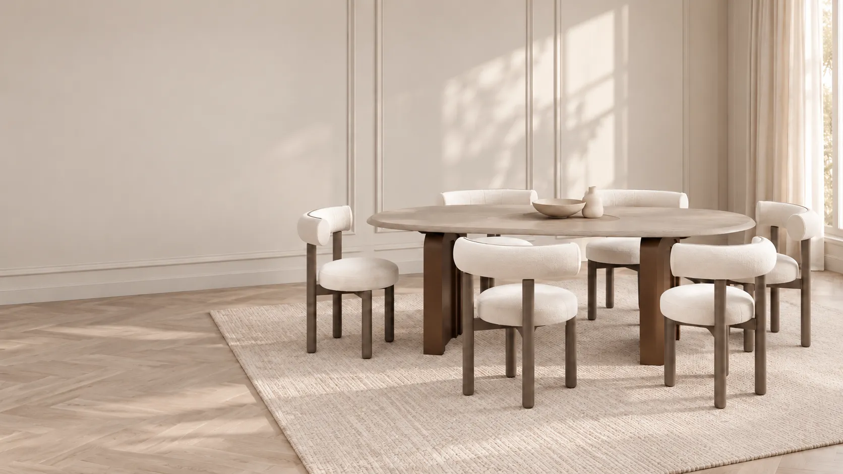 Luna dining table and six upholstered dining chairs in a warm contemporary interior