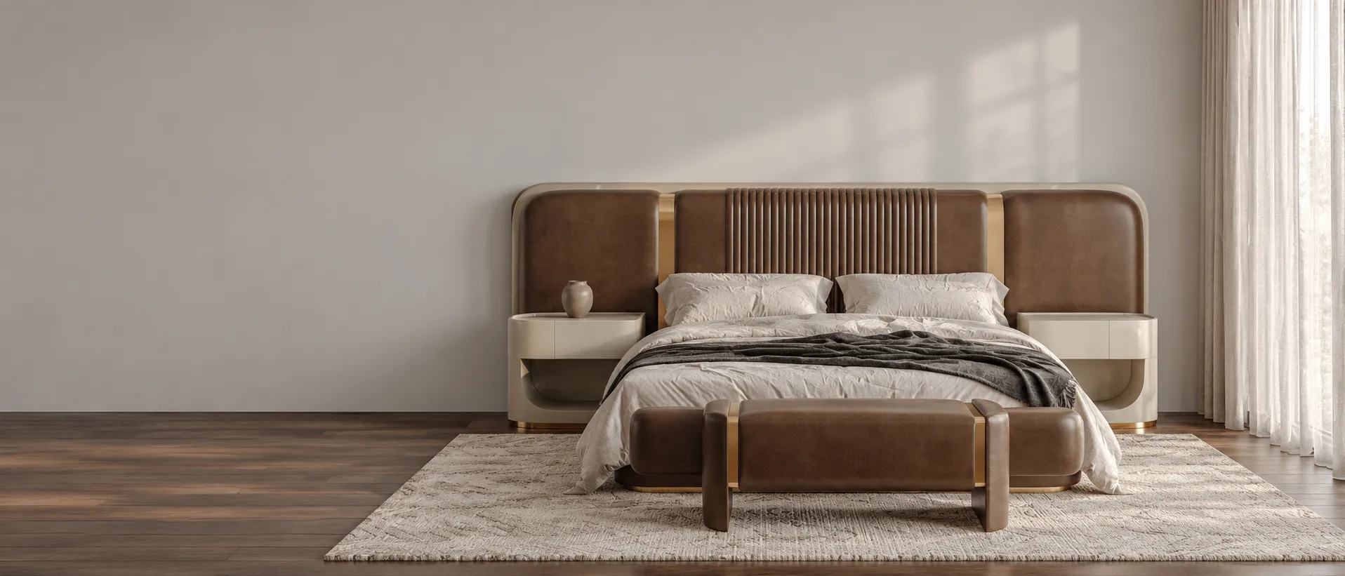 Leather bed with an extended headboard and built-in nightstands in a quiet morning bedroom