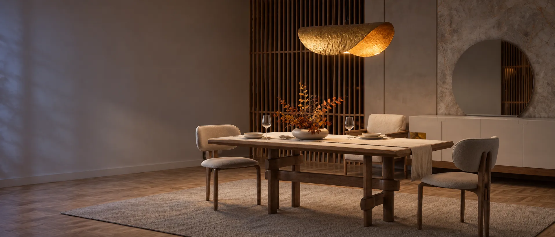 Solid oak dining table set for dinner under a sculptural brass pendant at dusk