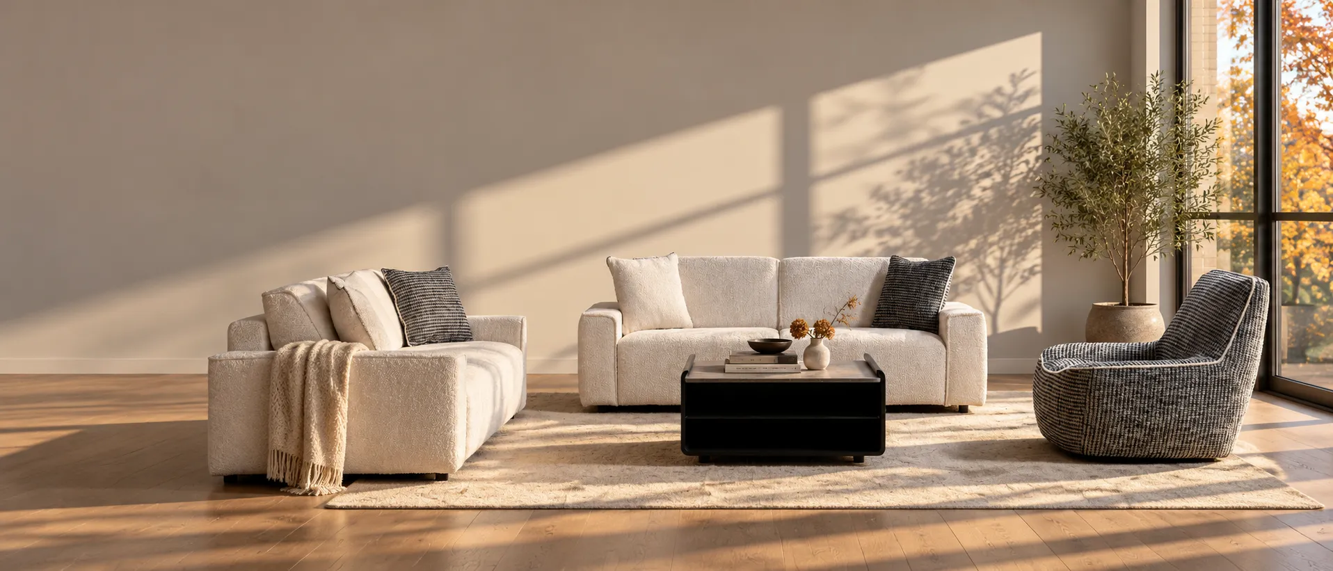 Two ivory boucle sofas and a woven swivel chair in a sunlit living room, autumn trees beyond the window