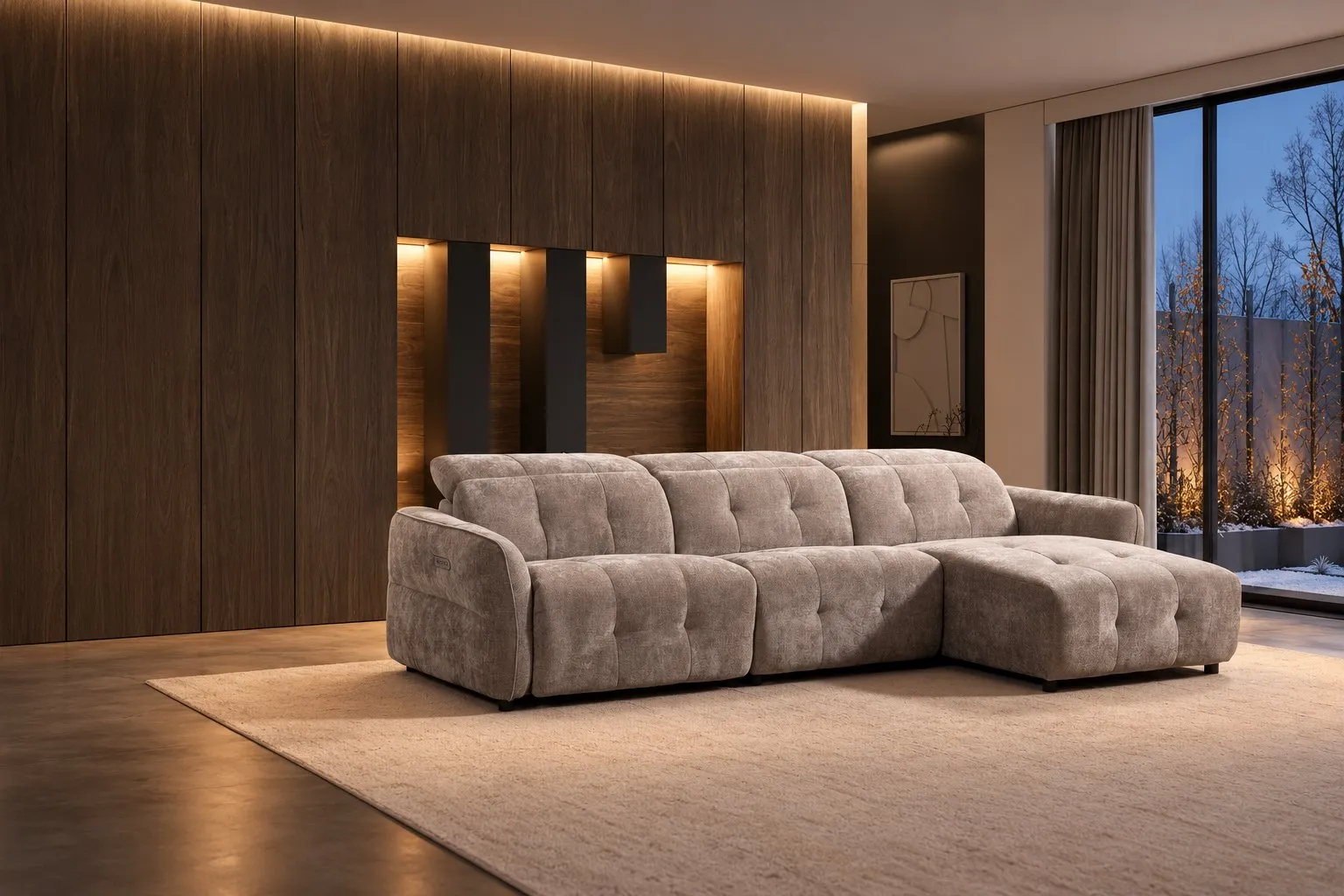 Nolan right-facing sectional with chaise and power recliner in a warm wood-panelled living room at dusk