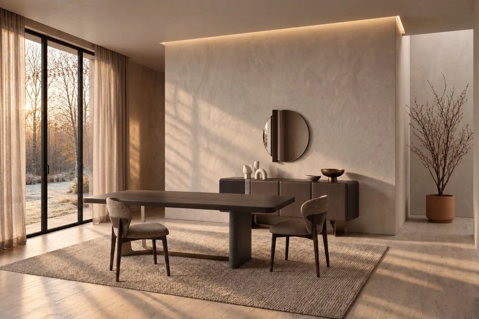 Moda dining table, dining chairs, console and mirror in late-afternoon winter light