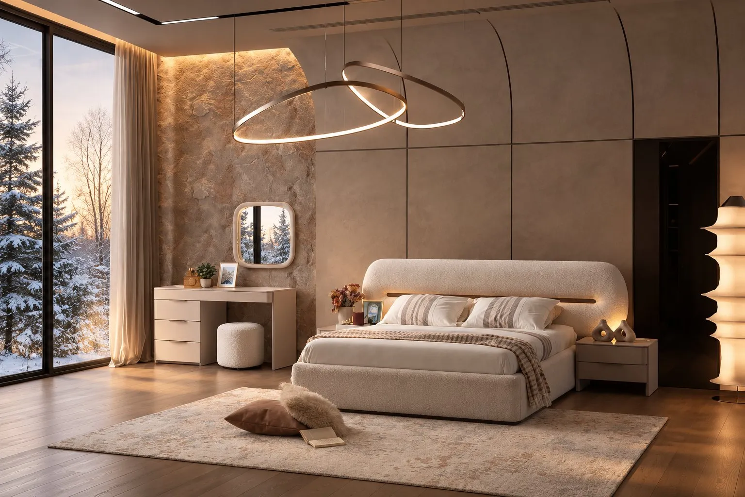 Magnus bed, nightstands, dresser, ottoman and dresser mirror beside a snowy window at dusk