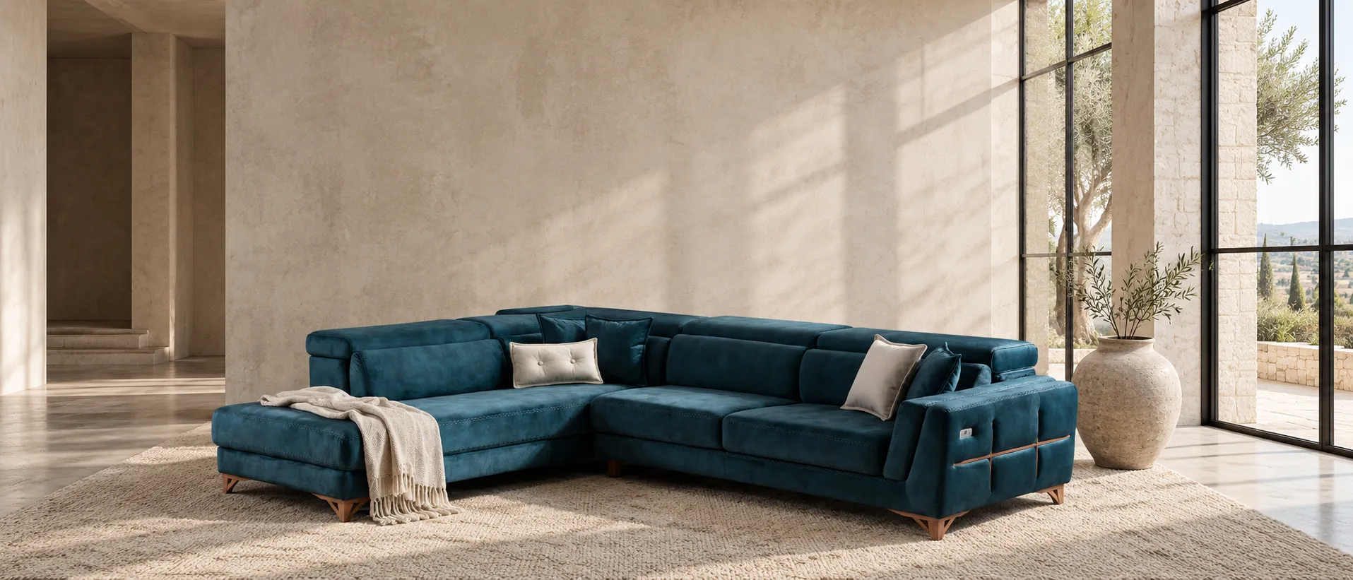 Teal velvet sectional in a sunlit limestone living room